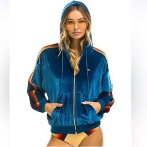 Aviator Nation Blue Velvet Hoodie with Rainbow Stripes